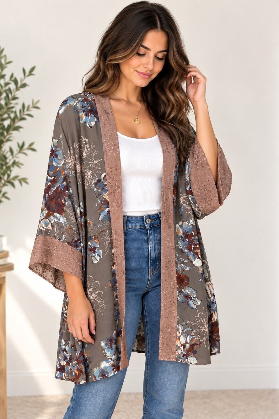 Wanderlux Women L Floral Kimono Cardigan Duster Boho Sheer Rayon Made USA